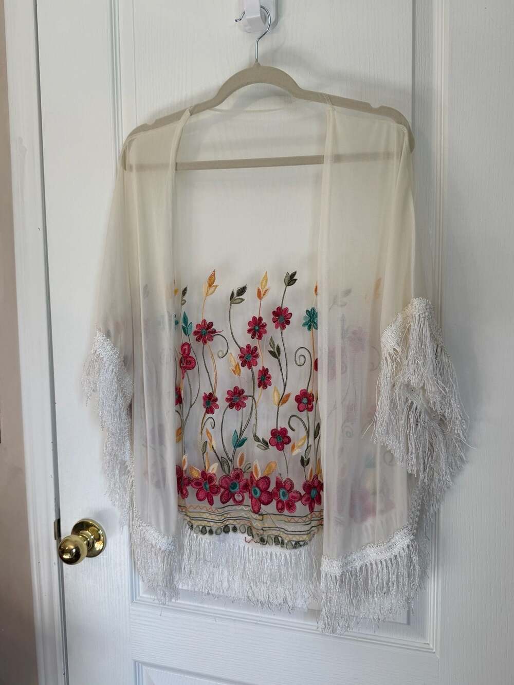 Boho Floral Embroidered Sheer Kimono Cardigan